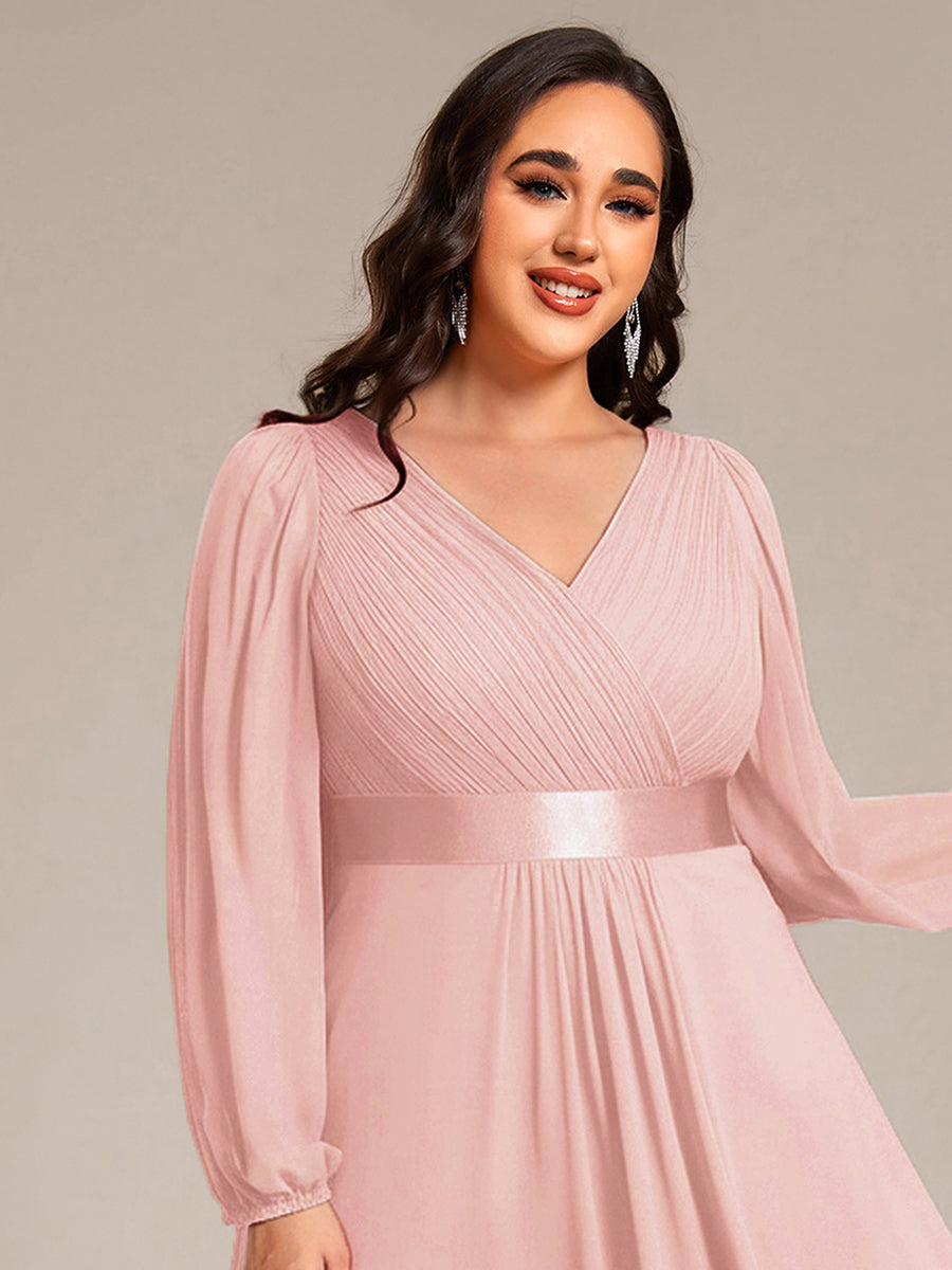 Pleated Chiffon Lantern Sleeve Evening Dress