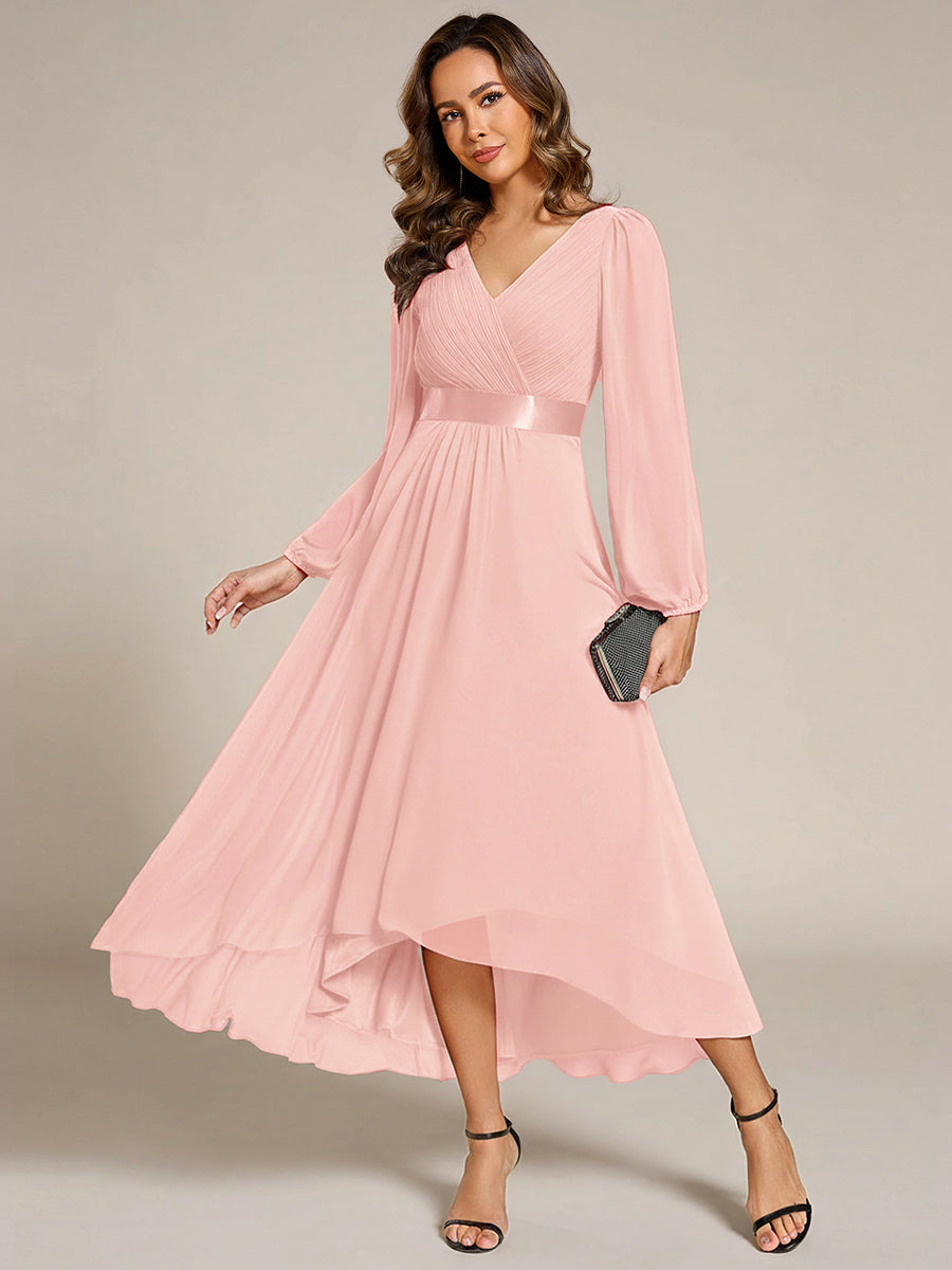 Pleated Chiffon Lantern Sleeve Evening Dress