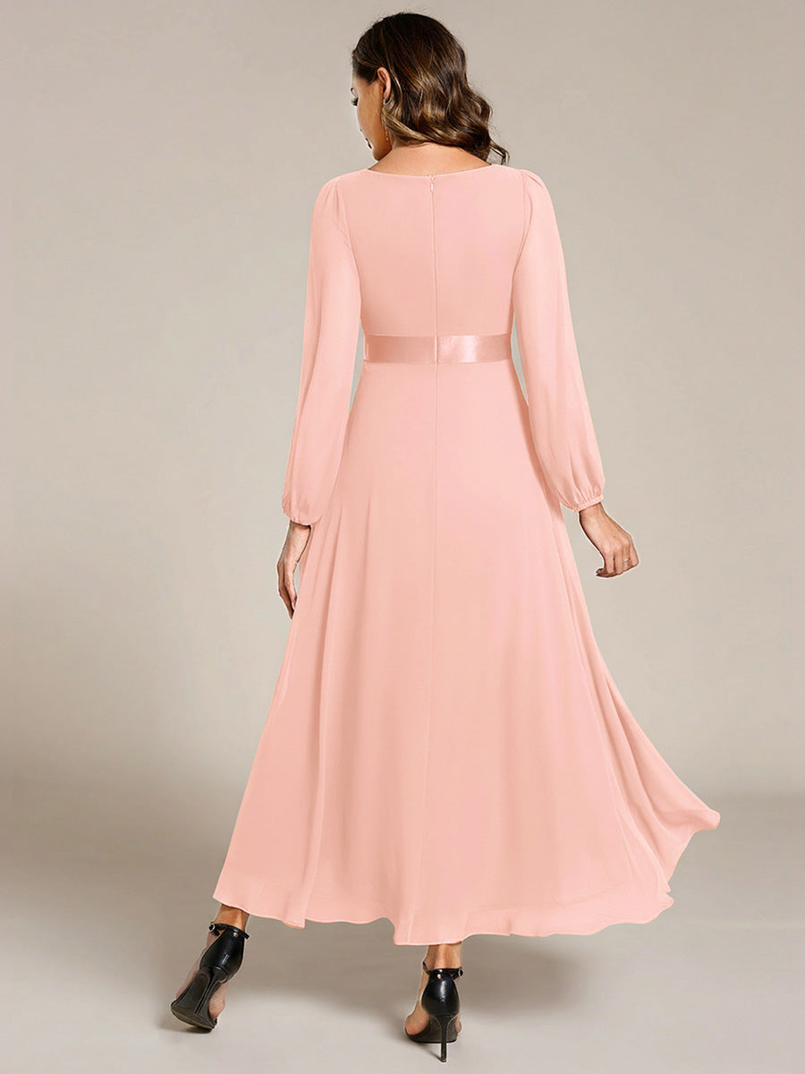 Pleated Chiffon Lantern Sleeve Evening Dress