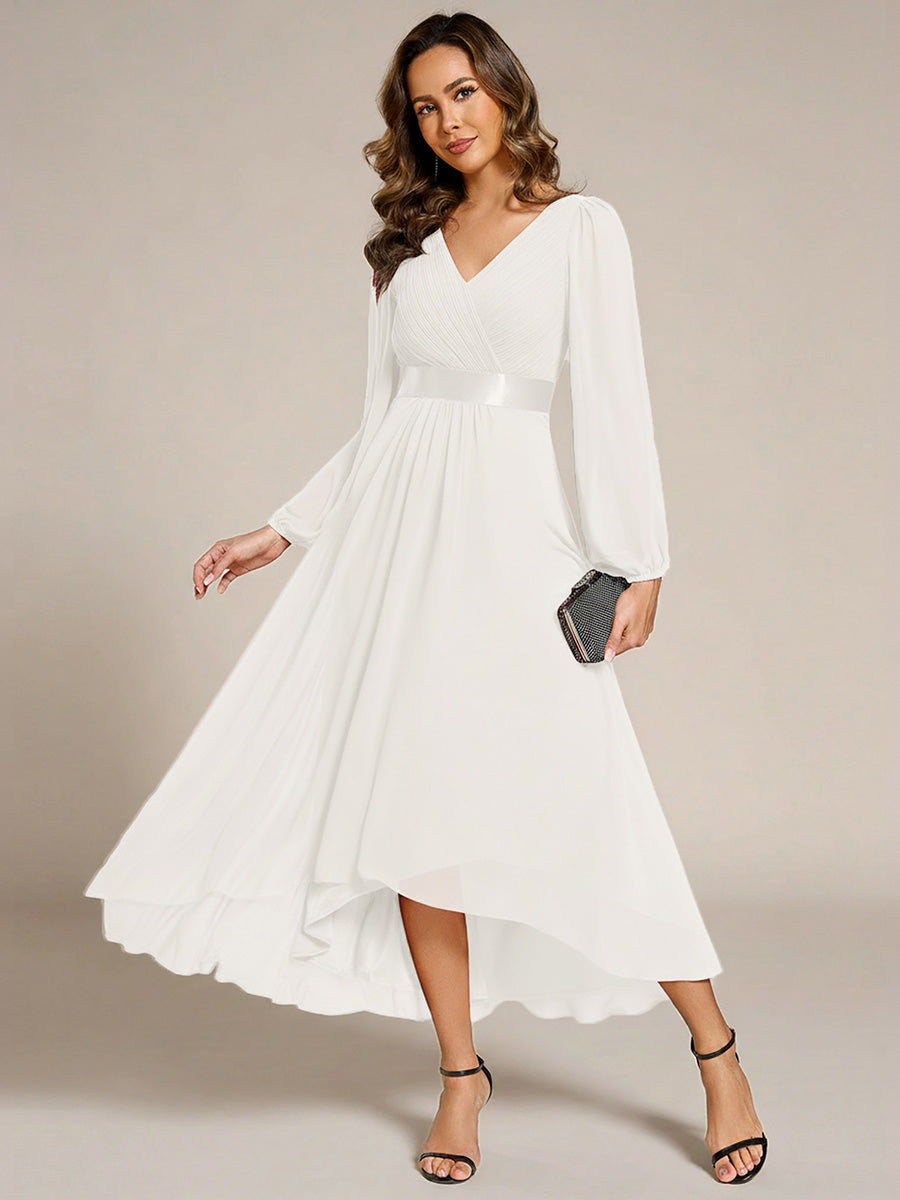 Pleated Chiffon Lantern Sleeve Evening Dress