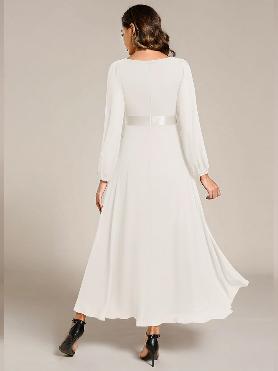 Pleated Chiffon Lantern Sleeve Evening Dress