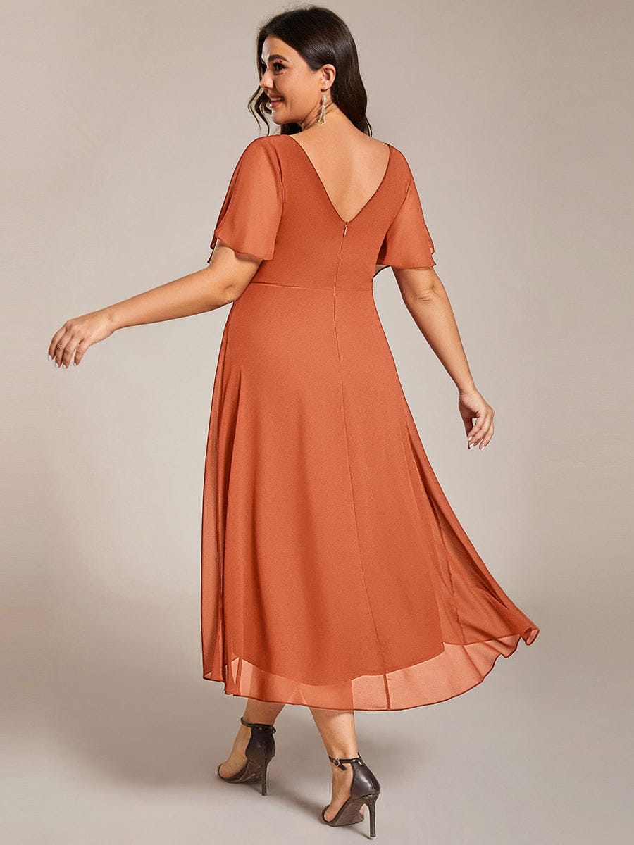 pretty FAYE|Plus Size Double V-Neck Ruffles Sleeve Chiffon Midi Wedding Guest Dress