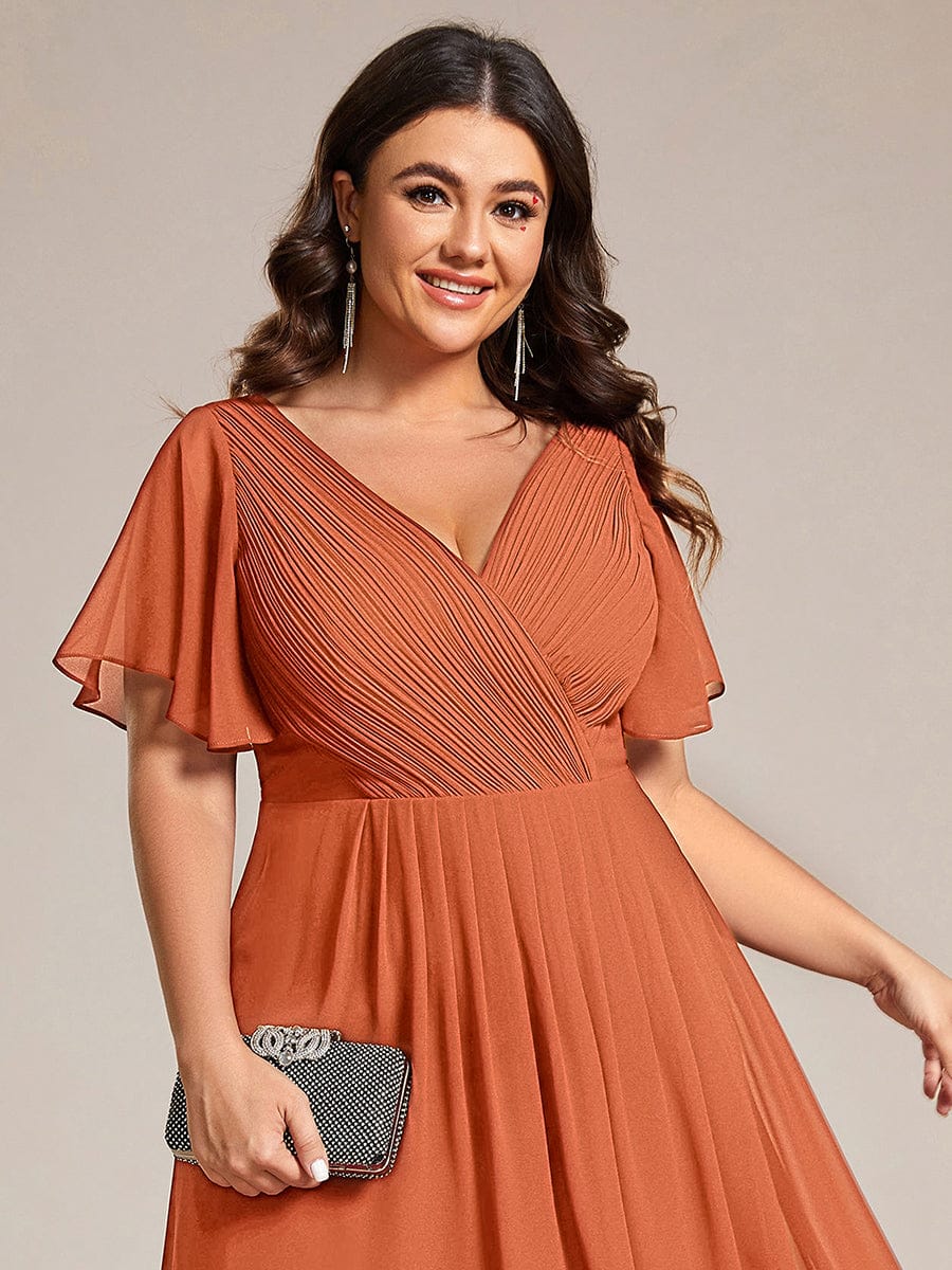 pretty FAYE|Plus Size Double V-Neck Ruffles Sleeve Chiffon Midi Wedding Guest Dress