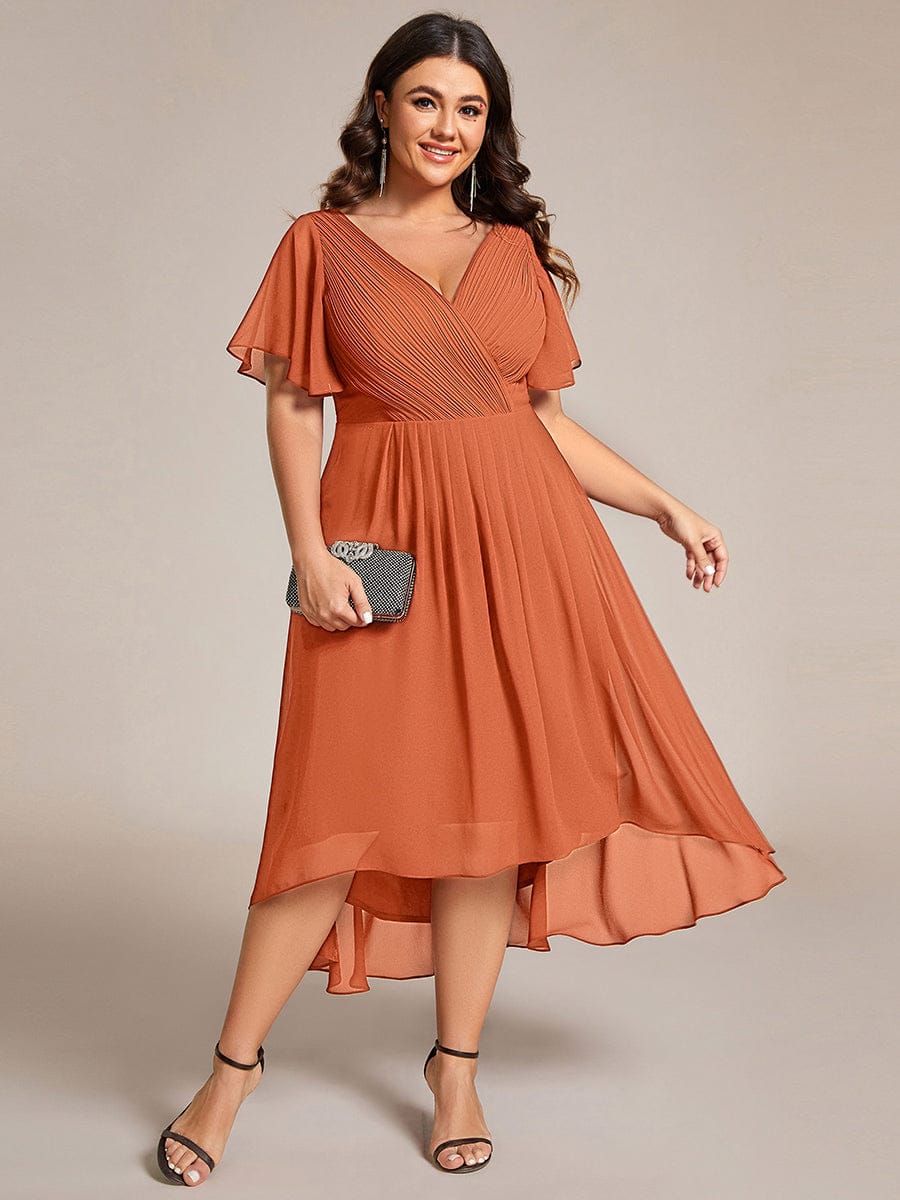 pretty FAYE|Plus Size Double V-Neck Ruffles Sleeve Chiffon Midi Wedding Guest Dress