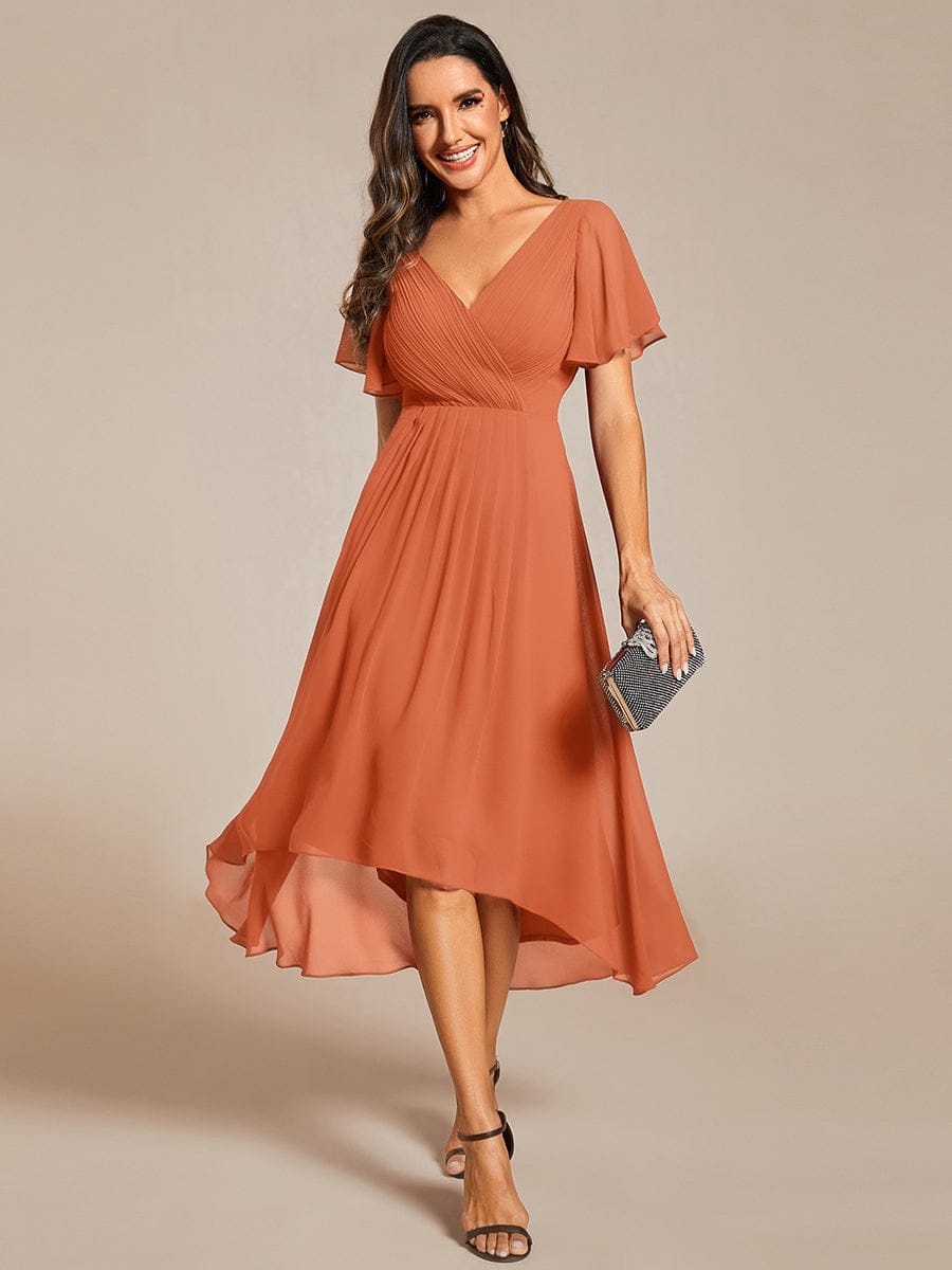 pretty FAYE|Plus Size Double V-Neck Ruffles Sleeve Chiffon Midi Wedding Guest Dress