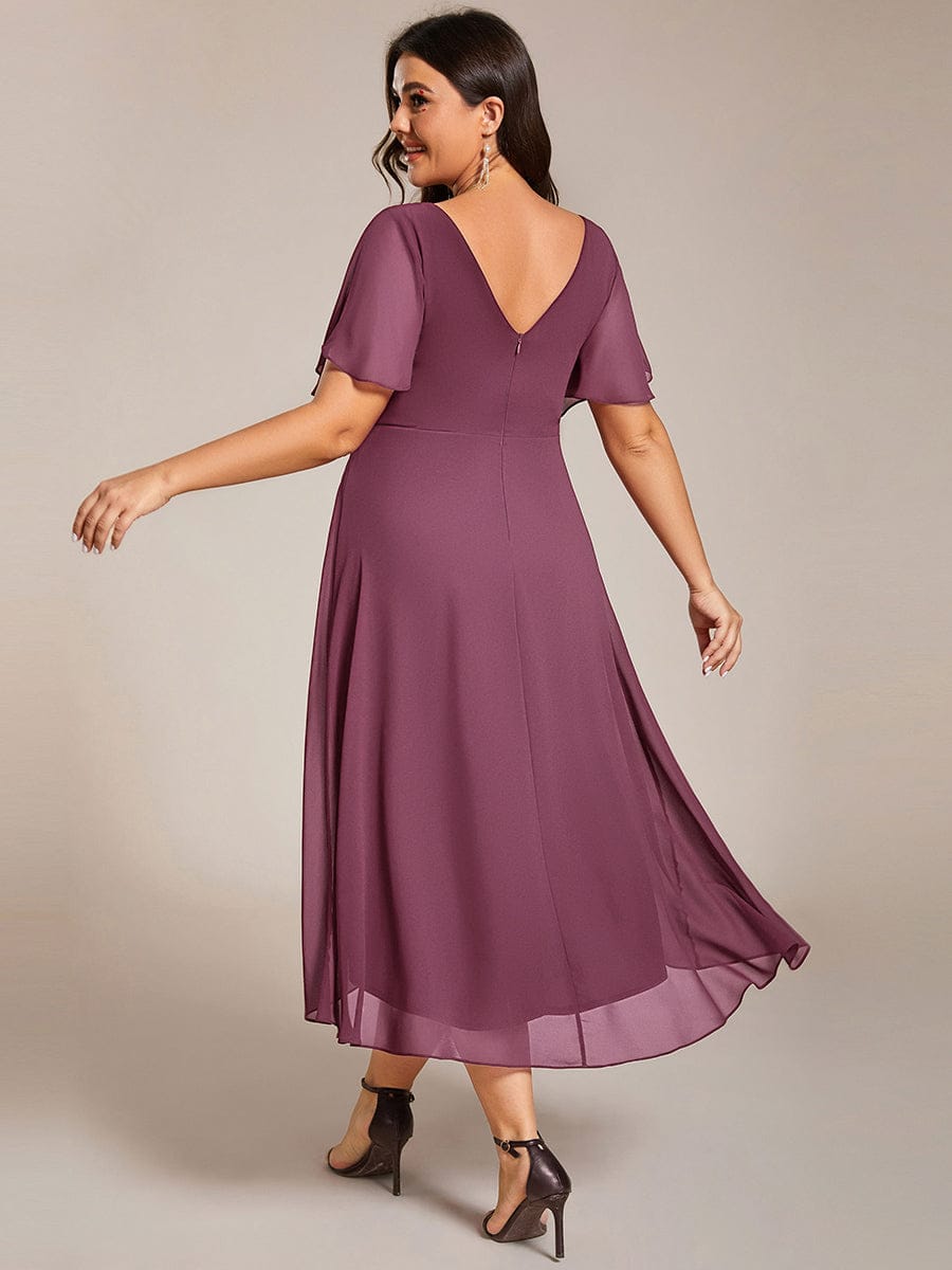 pretty FAYE|Plus Size Double V-Neck Ruffles Sleeve Chiffon Midi Wedding Guest Dress