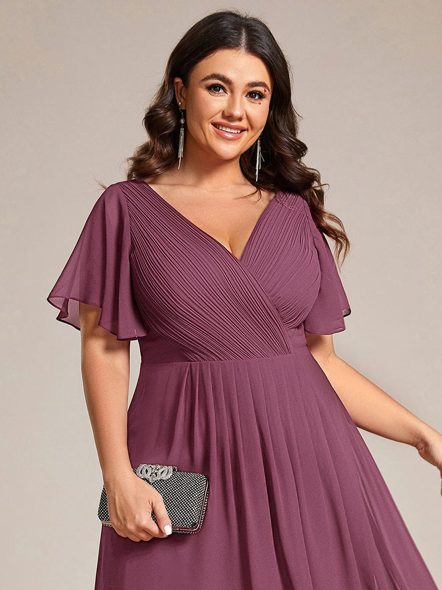 pretty FAYE|Plus Size Double V-Neck Ruffles Sleeve Chiffon Midi Wedding Guest Dress