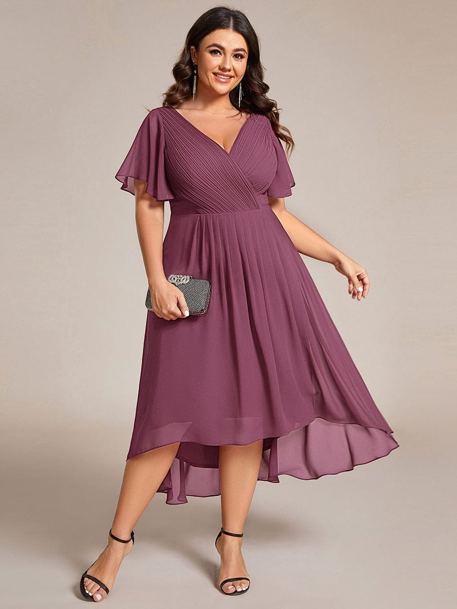 pretty FAYE|Plus Size Double V-Neck Ruffles Sleeve Chiffon Midi Wedding Guest Dress