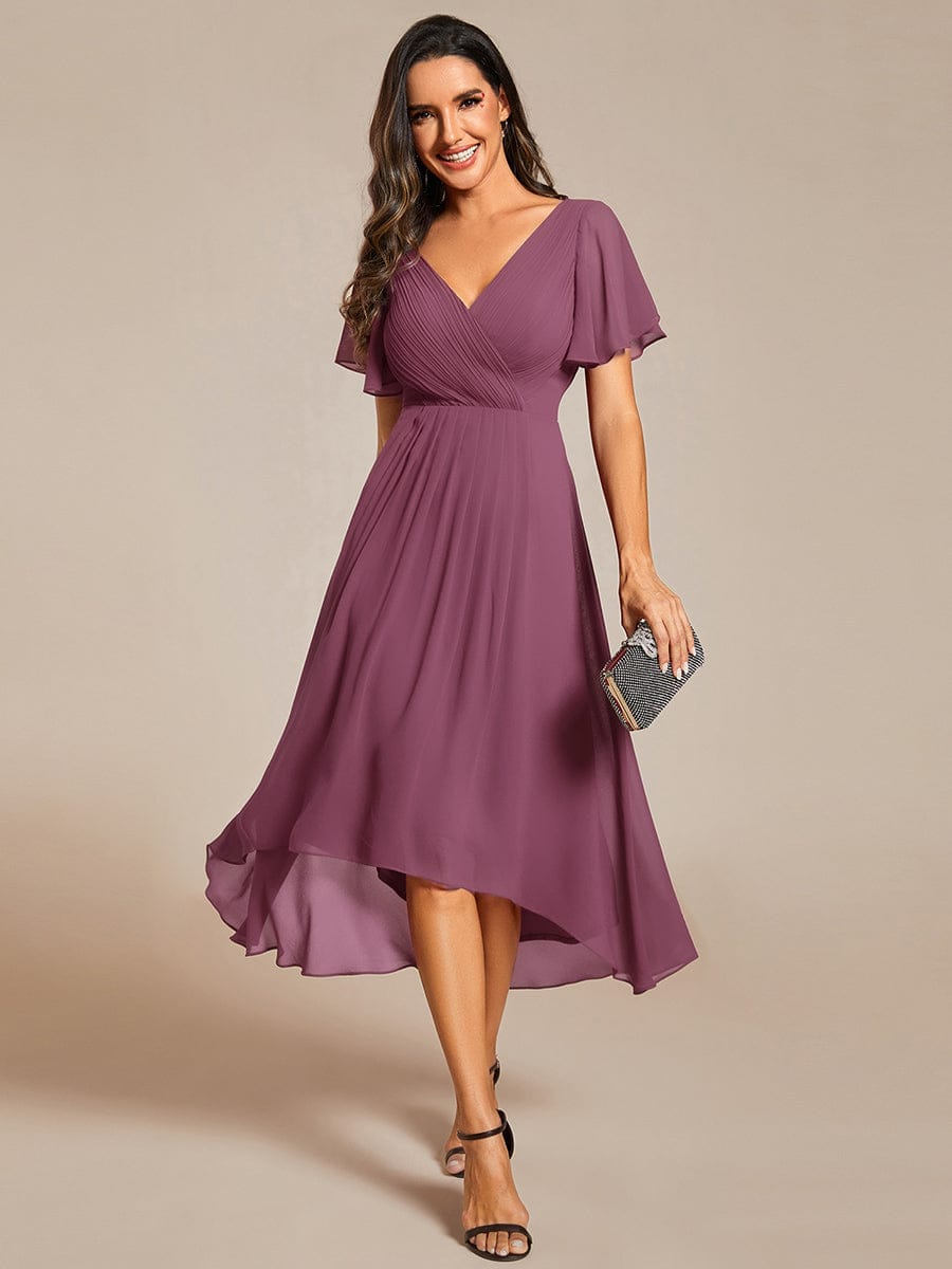 pretty FAYE|Plus Size Double V-Neck Ruffles Sleeve Chiffon Midi Wedding Guest Dress