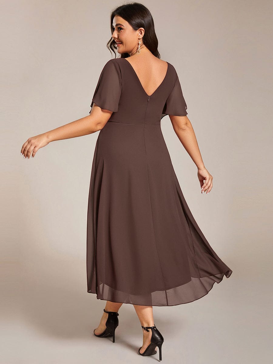 pretty FAYE|Plus Size Double V-Neck Ruffles Sleeve Chiffon Midi Wedding Guest Dress