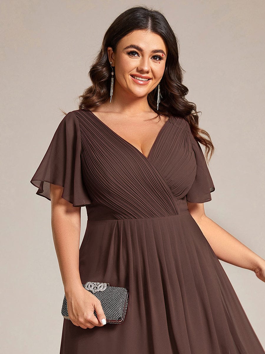 pretty FAYE|Plus Size Double V-Neck Ruffles Sleeve Chiffon Midi Wedding Guest Dress