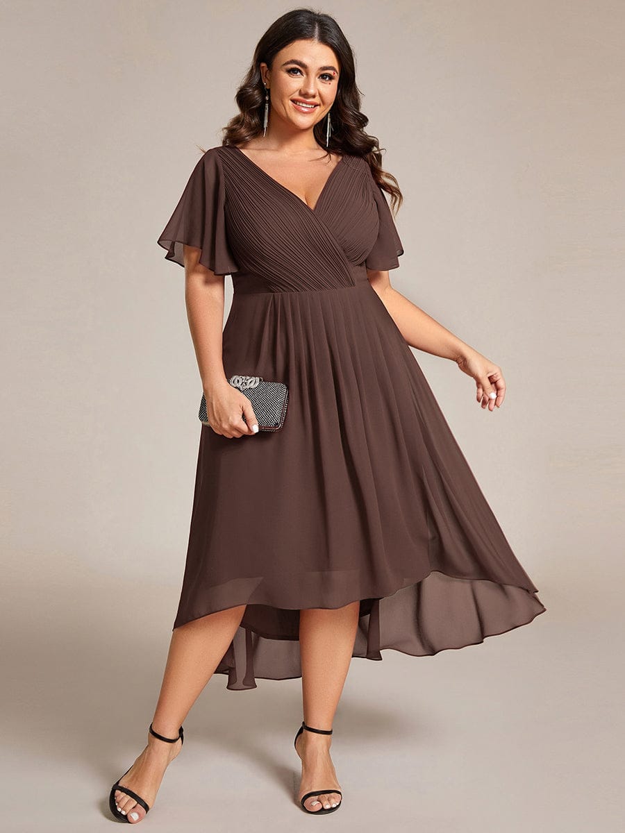 pretty FAYE|Plus Size Double V-Neck Ruffles Sleeve Chiffon Midi Wedding Guest Dress