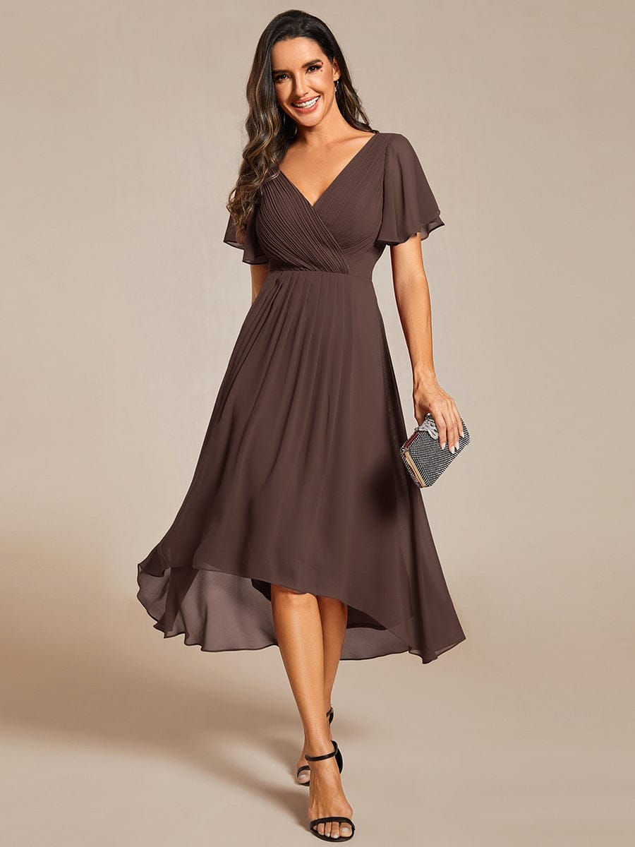 pretty FAYE|Plus Size Double V-Neck Ruffles Sleeve Chiffon Midi Wedding Guest Dress