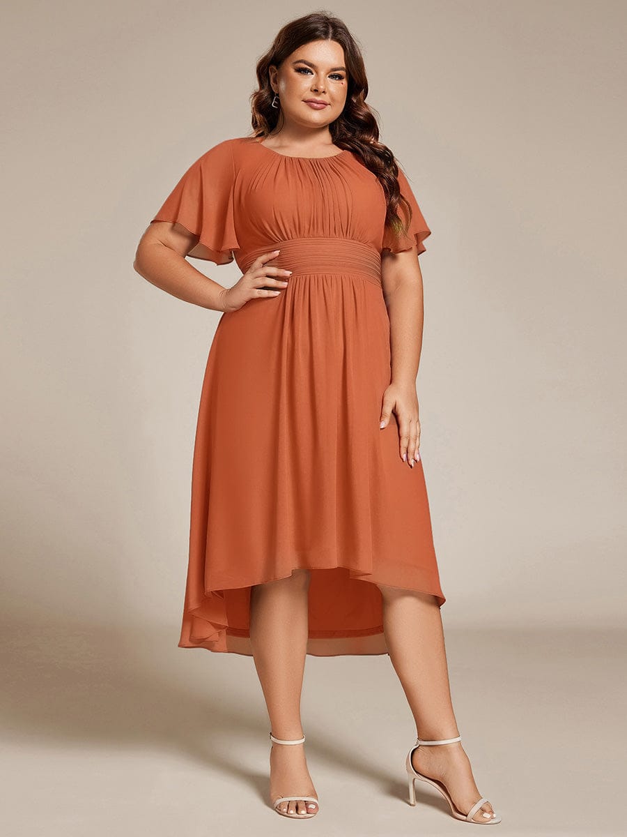 pretty EDEN|Plus Size Pleated Round Neckline A-Line Midi Chiffon Wedding Guest Dress