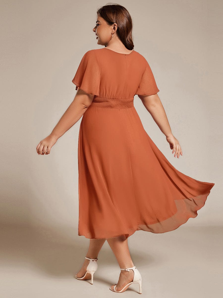pretty EDEN|Plus Size Pleated Round Neckline A-Line Midi Chiffon Wedding Guest Dress