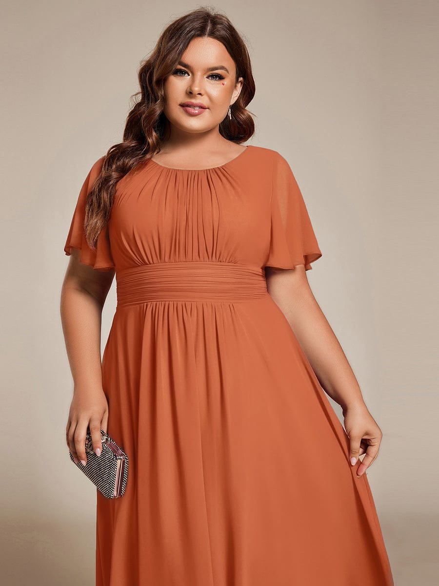pretty EDEN|Plus Size Pleated Round Neckline A-Line Midi Chiffon Wedding Guest Dress