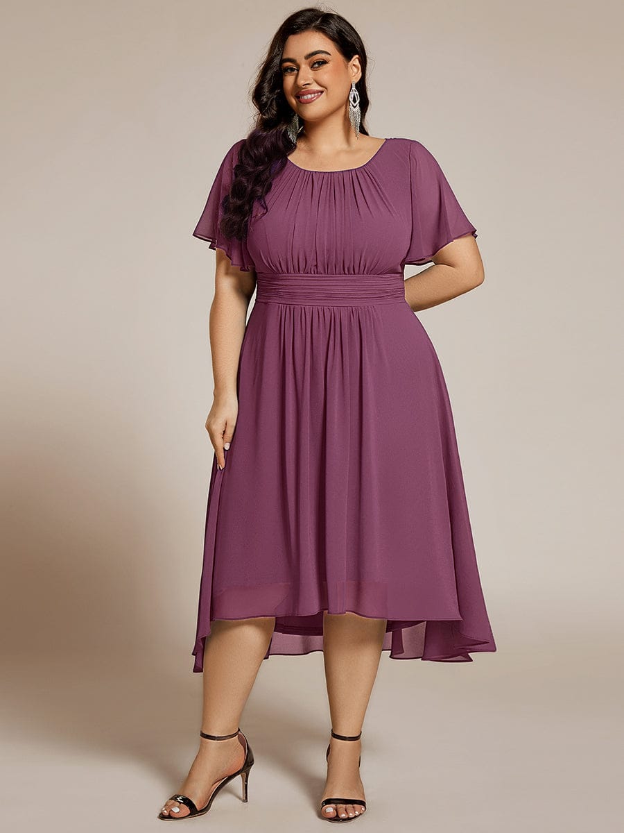 pretty EDEN|Plus Size Pleated Round Neckline A-Line Midi Chiffon Wedding Guest Dress