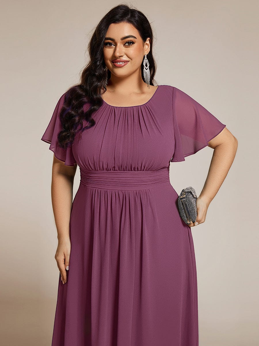 pretty EDEN|Plus Size Pleated Round Neckline A-Line Midi Chiffon Wedding Guest Dress