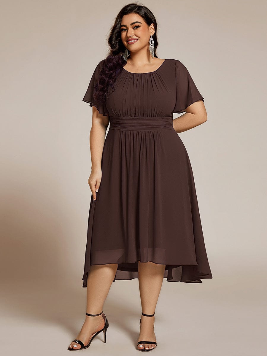 pretty EDEN|Plus Size Pleated Round Neckline A-Line Midi Chiffon Wedding Guest Dress