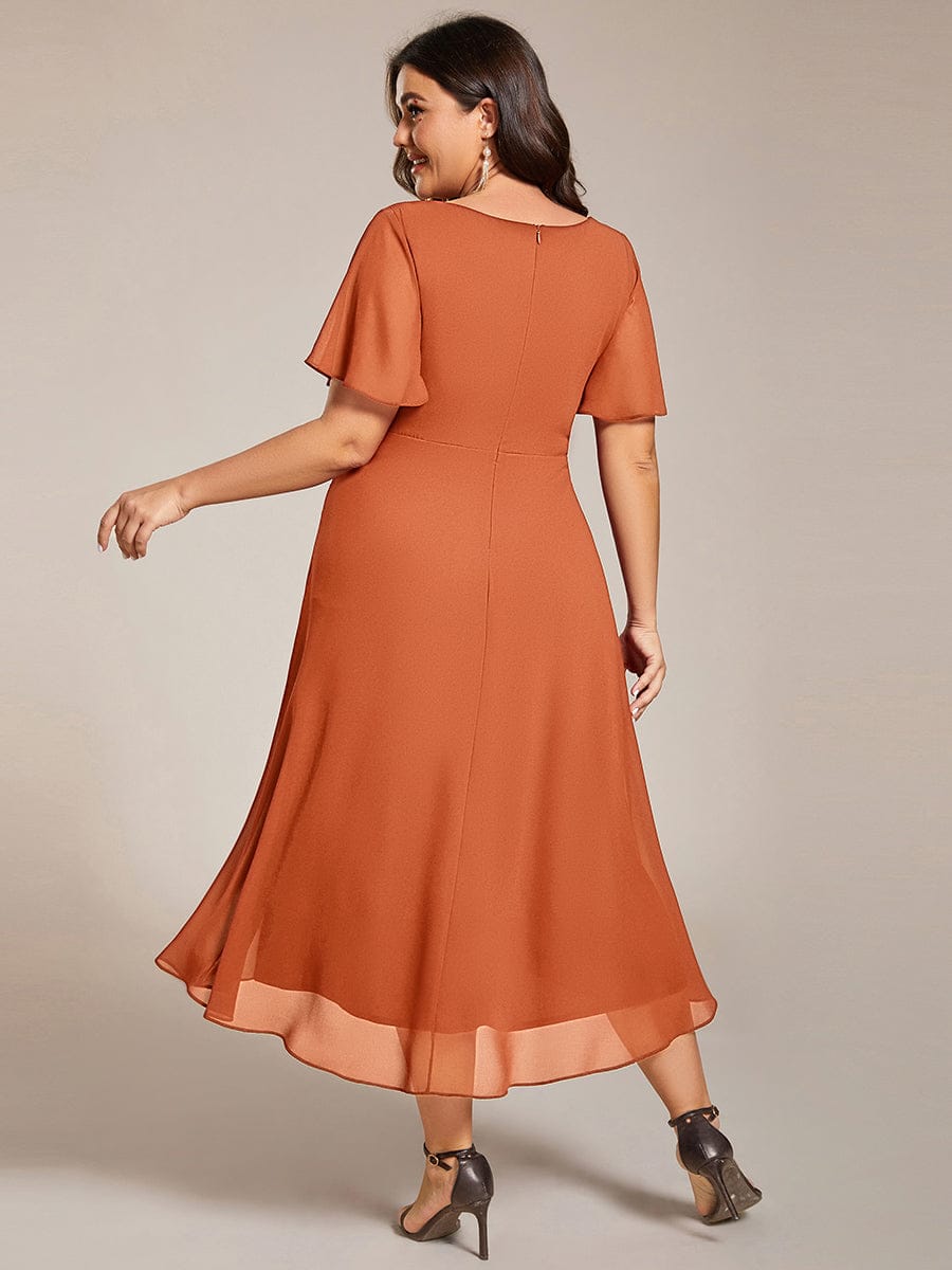 pretty LARK|Plus Size Chiffon Short Sleeves Pleated V-Neck A-Line Midi Wedding Guest Dress