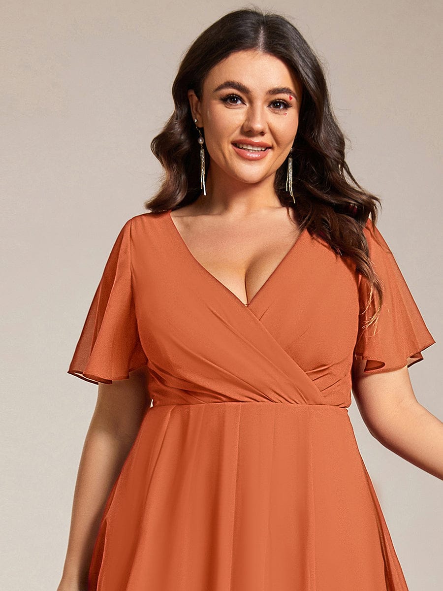 pretty LARK|Plus Size Chiffon Short Sleeves Pleated V-Neck A-Line Midi Wedding Guest Dress