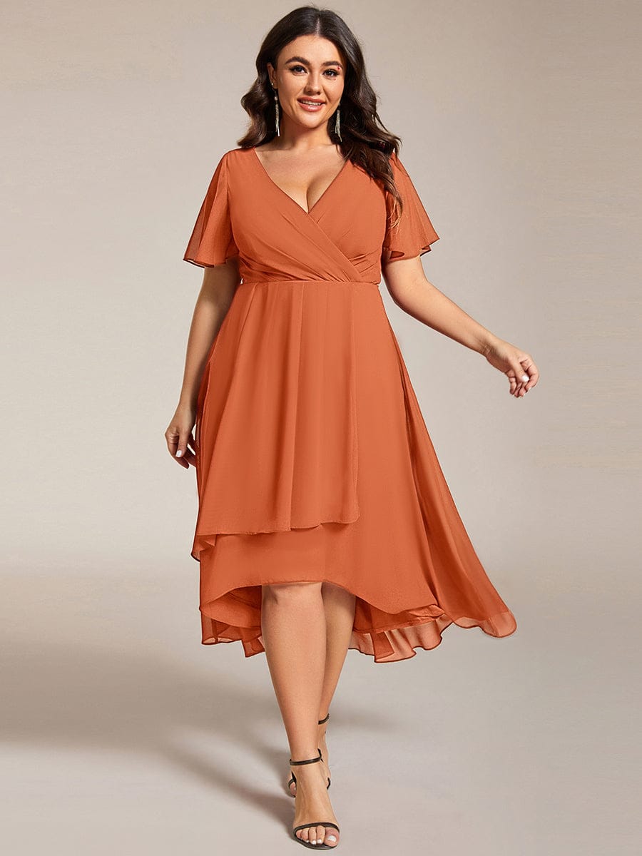 pretty LARK|Plus Size Chiffon Short Sleeves Pleated V-Neck A-Line Midi Wedding Guest Dress
