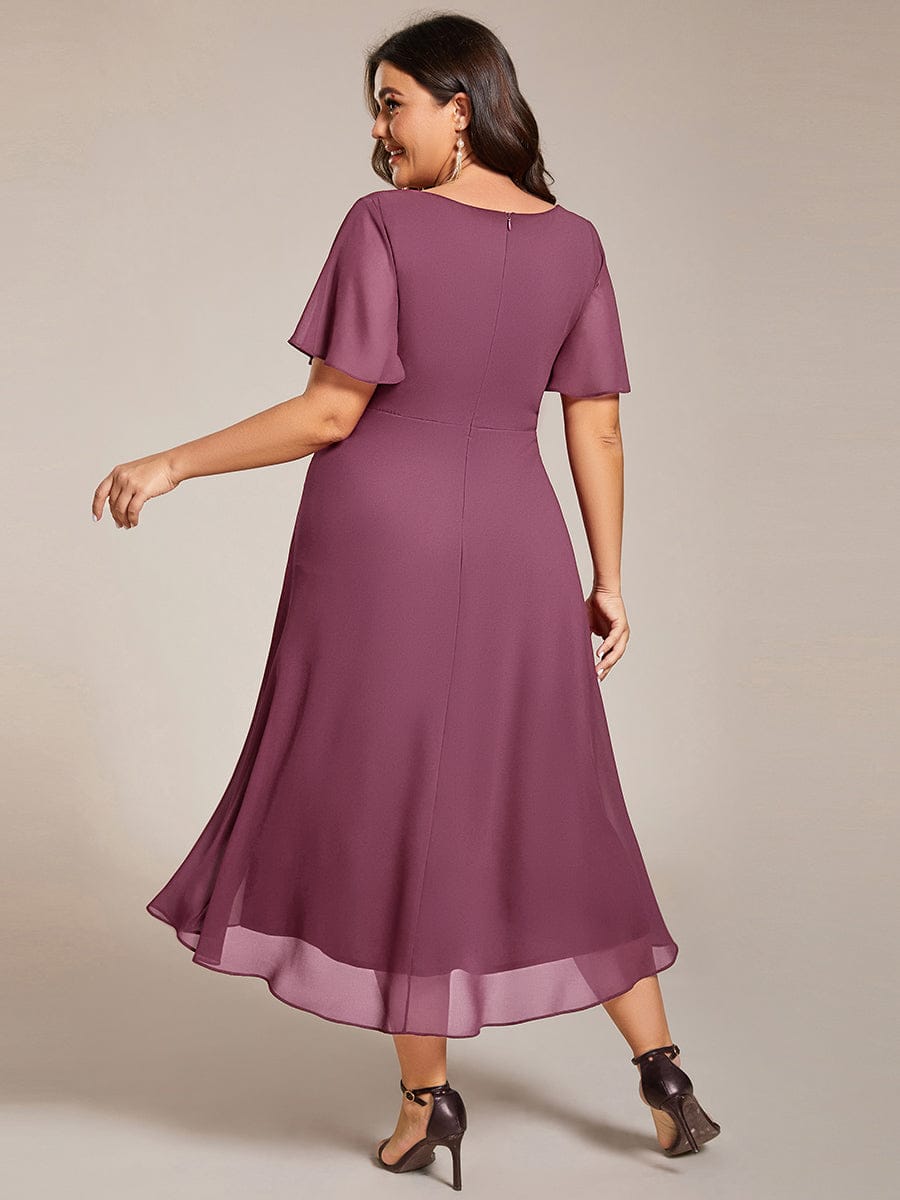pretty LARK|Plus Size Chiffon Short Sleeves Pleated V-Neck A-Line Midi Wedding Guest Dress