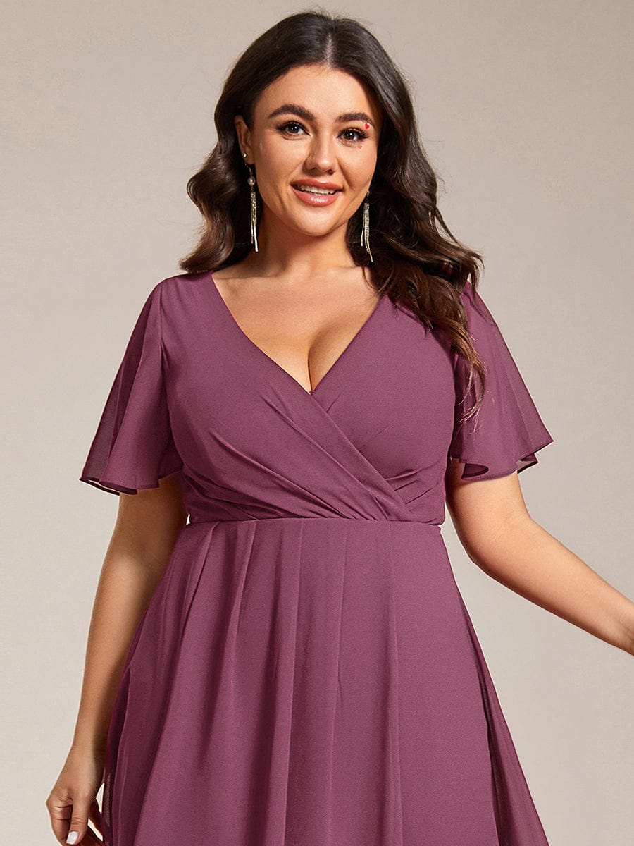 pretty LARK|Plus Size Chiffon Short Sleeves Pleated V-Neck A-Line Midi Wedding Guest Dress