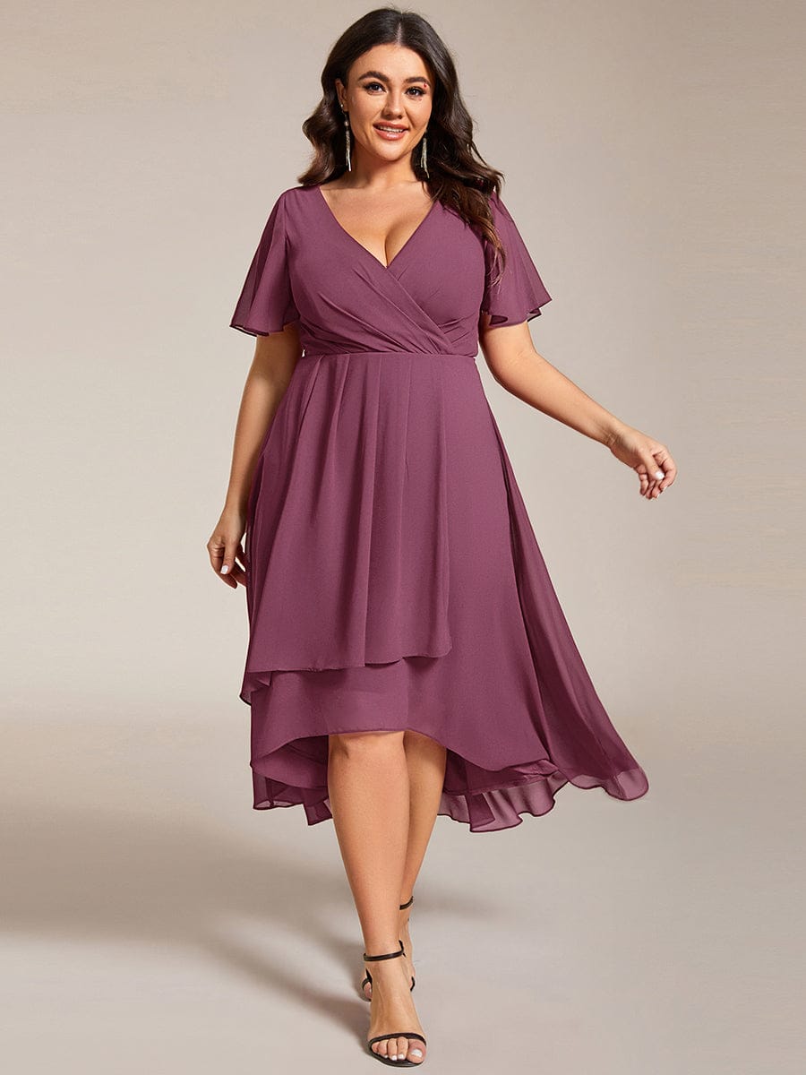 pretty LARK|Plus Size Chiffon Short Sleeves Pleated V-Neck A-Line Midi Wedding Guest Dress
