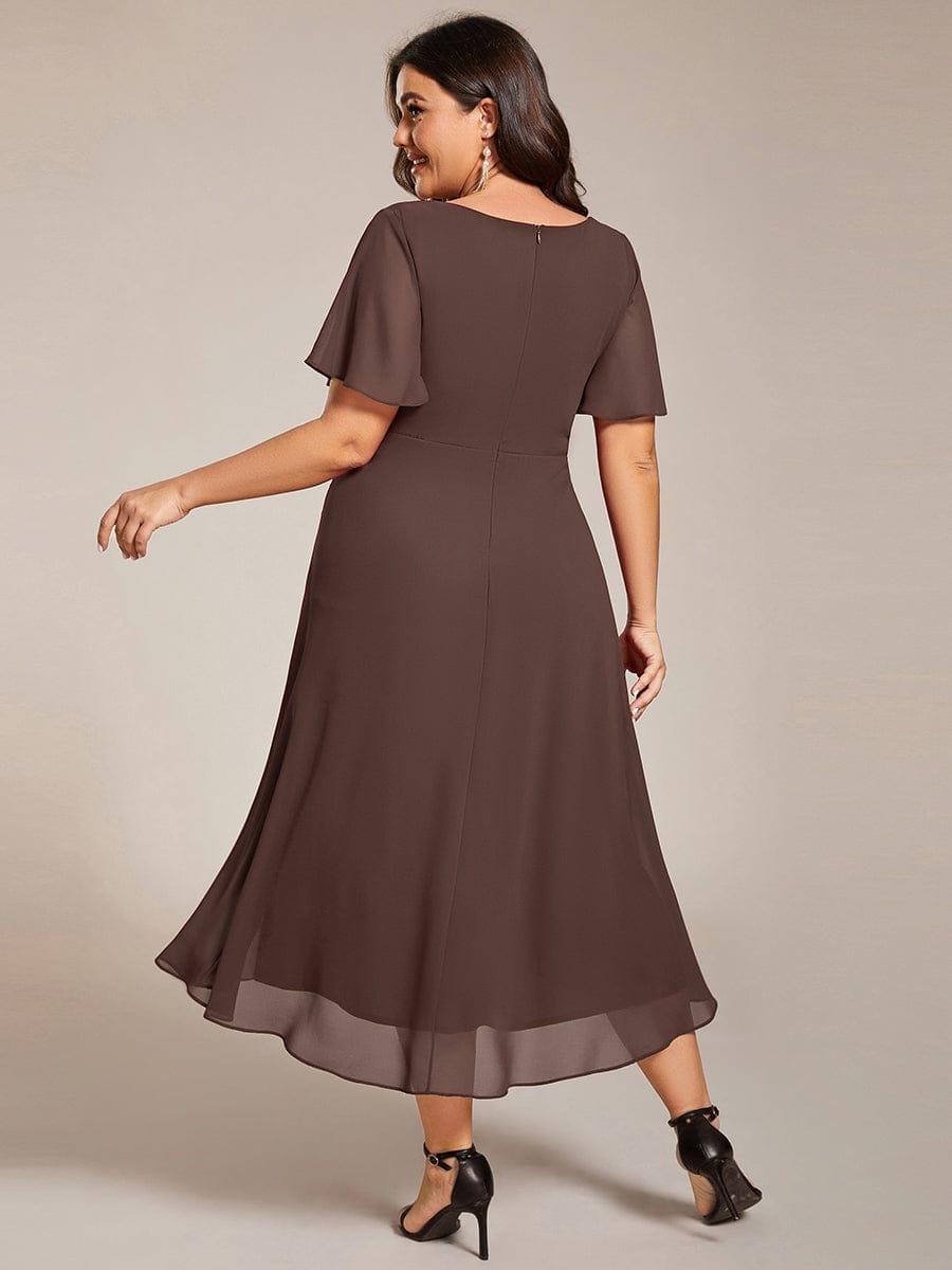 pretty LARK|Plus Size Chiffon Short Sleeves Pleated V-Neck A-Line Midi Wedding Guest Dress
