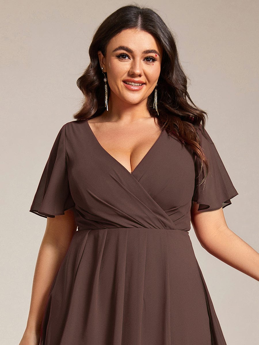 pretty LARK|Plus Size Chiffon Short Sleeves Pleated V-Neck A-Line Midi Wedding Guest Dress