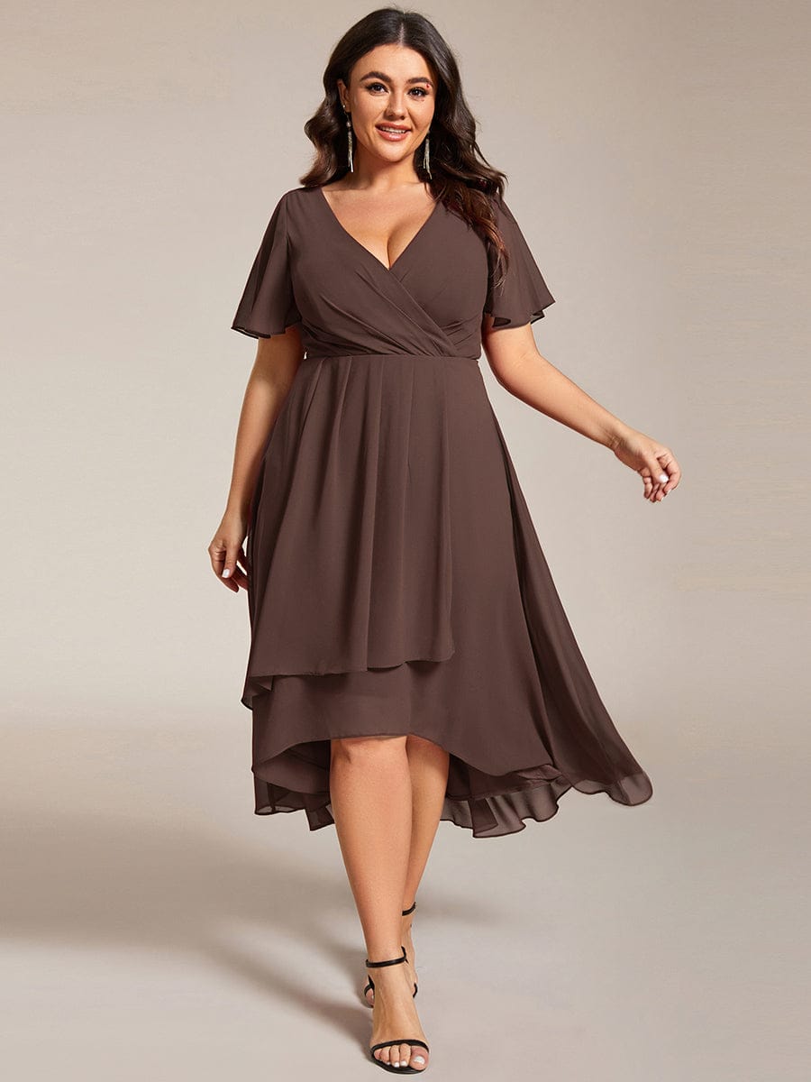 pretty LARK|Plus Size Chiffon Short Sleeves Pleated V-Neck A-Line Midi Wedding Guest Dress
