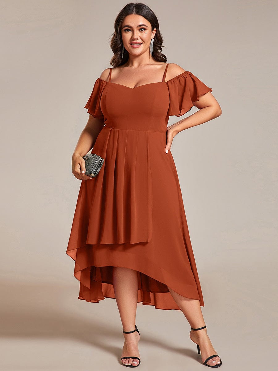 pretty JORDANE|Plus Size Cold Shoulder Sweetheart Necklin Chiffon Midi Wedding Guest Dress