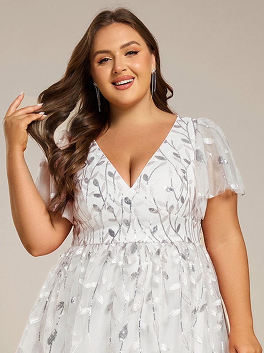 pretty SIMONE|Plus Size Sparkly A-Line Midi Tulle Formal Wedding Guest Dress with Leaf Sequin
