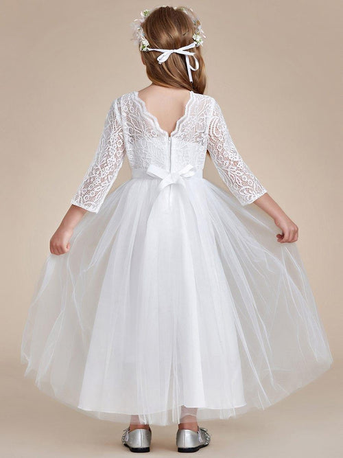 ISANNA|Charming Bow Lace Flower Girl Dress with Long Sleeves