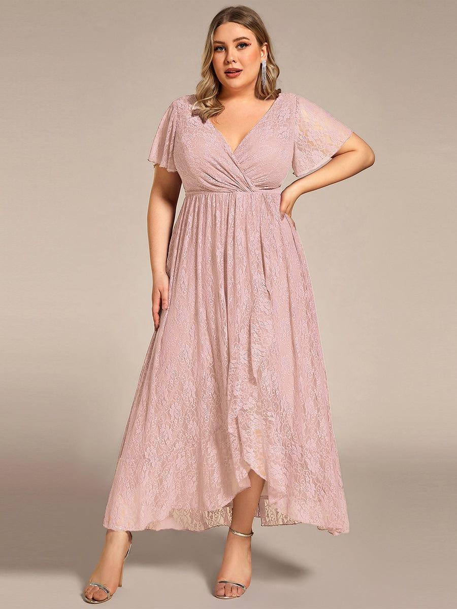 pretty ELISE|Plus Size Short Sleeve Ruffled V-Neck A-Line Lace Wedding Guest Dress