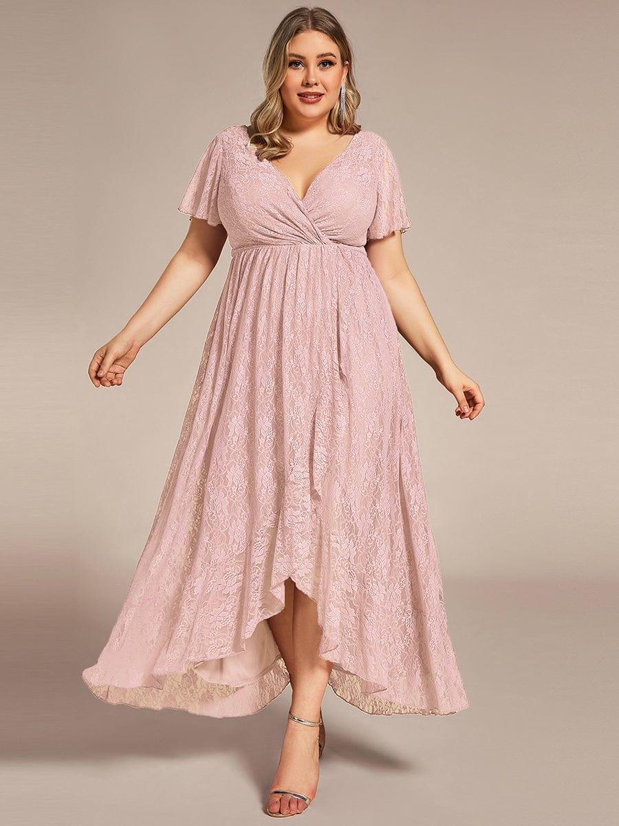pretty ELISE|Plus Size Short Sleeve Ruffled V-Neck A-Line Lace Wedding Guest Dress