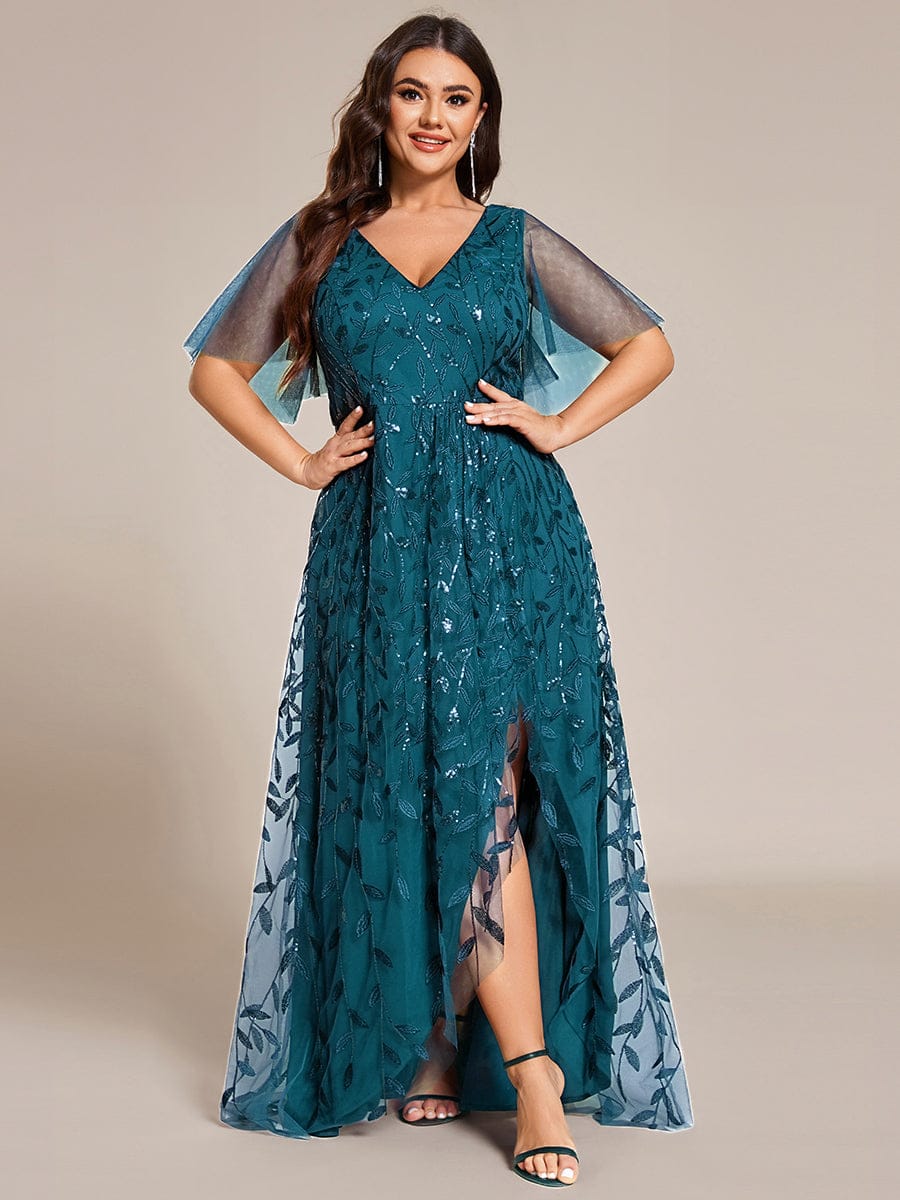 pretty ALIX|Plus Size Short Sleeves Sequin High Low V-Neck Midi Formal Evening Dress