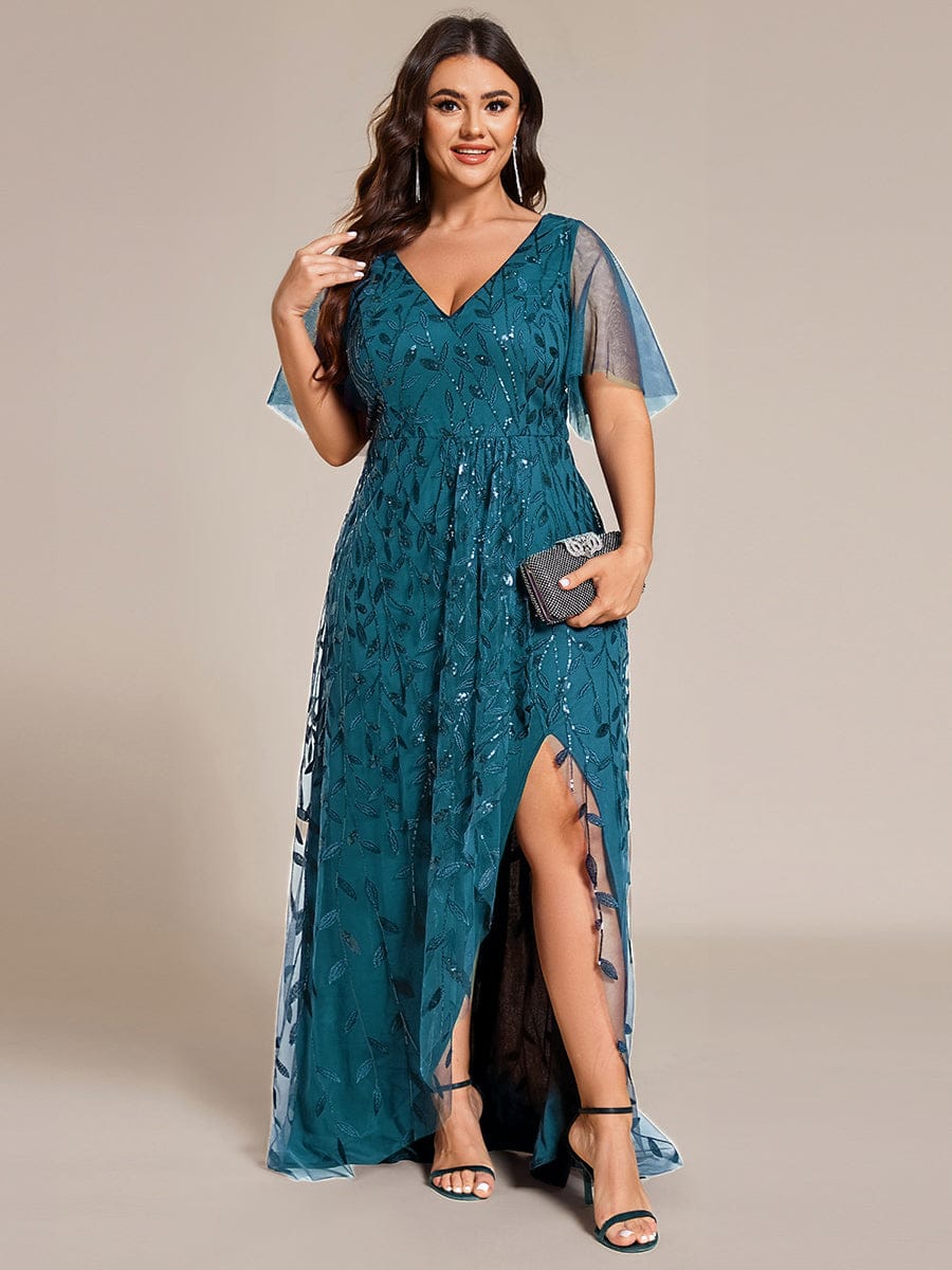 pretty ALIX|Plus Size Short Sleeves Sequin High Low V-Neck Midi Formal Evening Dress