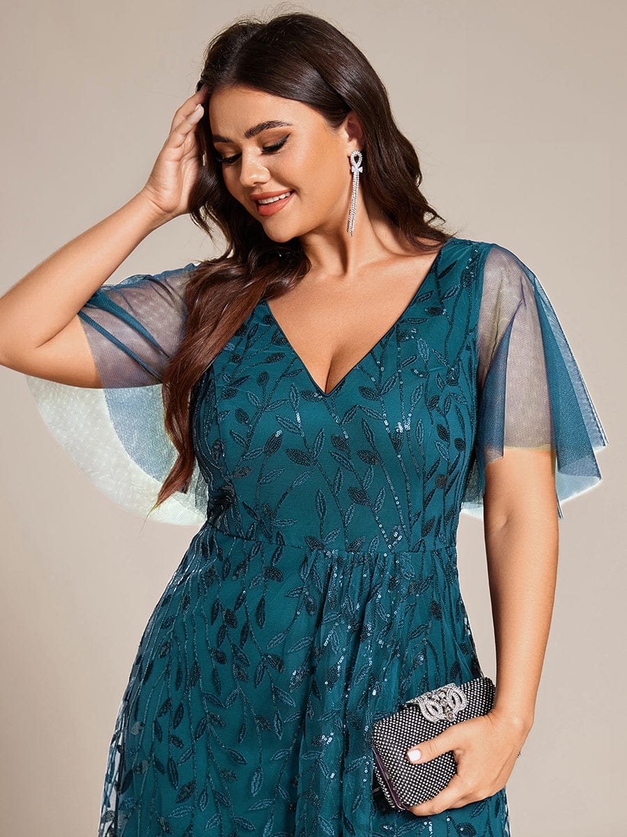 pretty ALIX|Plus Size Short Sleeves Sequin High Low V-Neck Midi Formal Evening Dress