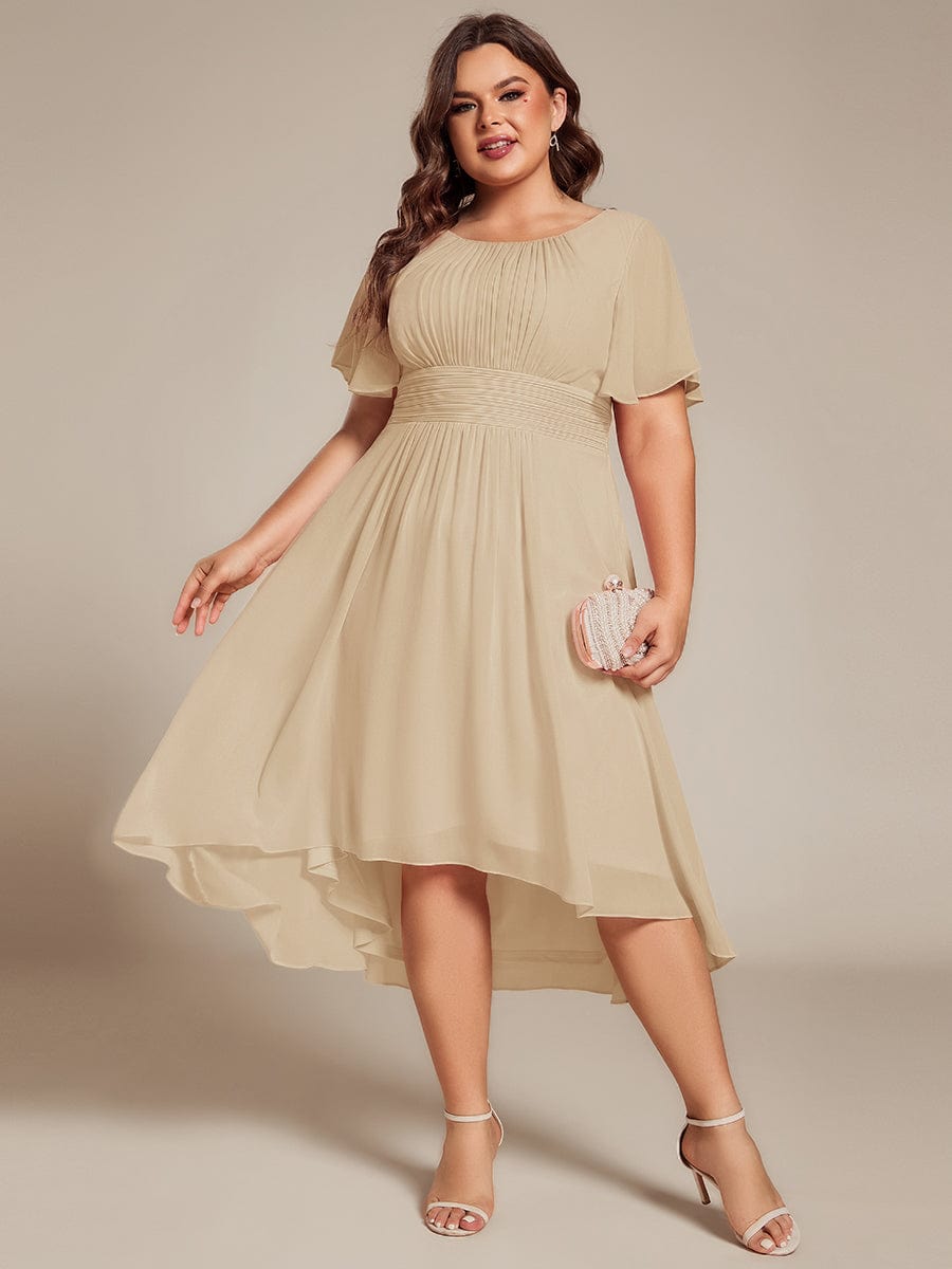 pretty EDEN|Plus Size Pleated Round Neckline A-Line Midi Chiffon Wedding Guest Dress