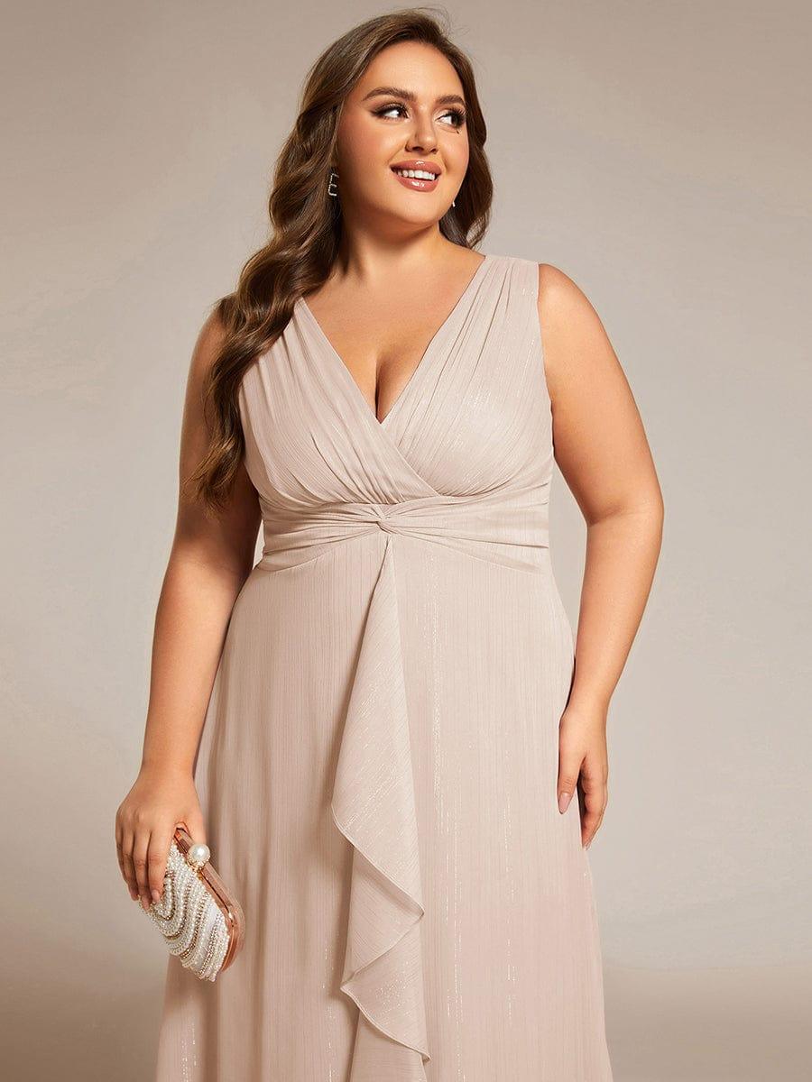 pretty MEI|Plus Size Sleeveless Glittery Ruffled V-Neck Midi Wedding Guest Dress