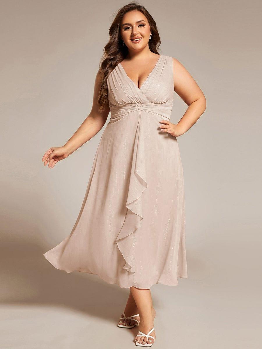 pretty MEI|Plus Size Sleeveless Glittery Ruffled V-Neck Midi Wedding Guest Dress