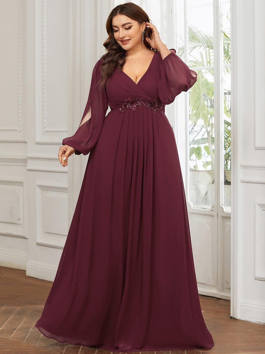 pretty AMOUR|Stylish Plus Size Chiffon Formal Evening Dresses with Long Lantern Sleeves