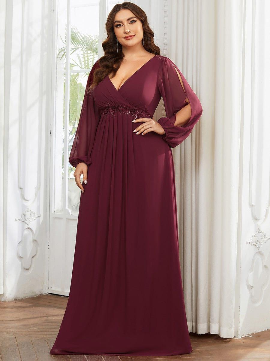 pretty AMOUR|Stylish Plus Size Chiffon Formal Evening Dresses with Long Lantern Sleeves