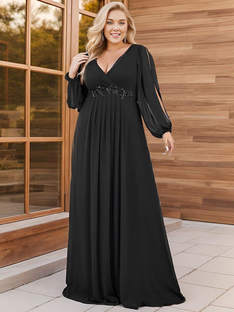 pretty AMOUR|Stylish Plus Size Chiffon Formal Evening Dresses with Long Lantern Sleeves