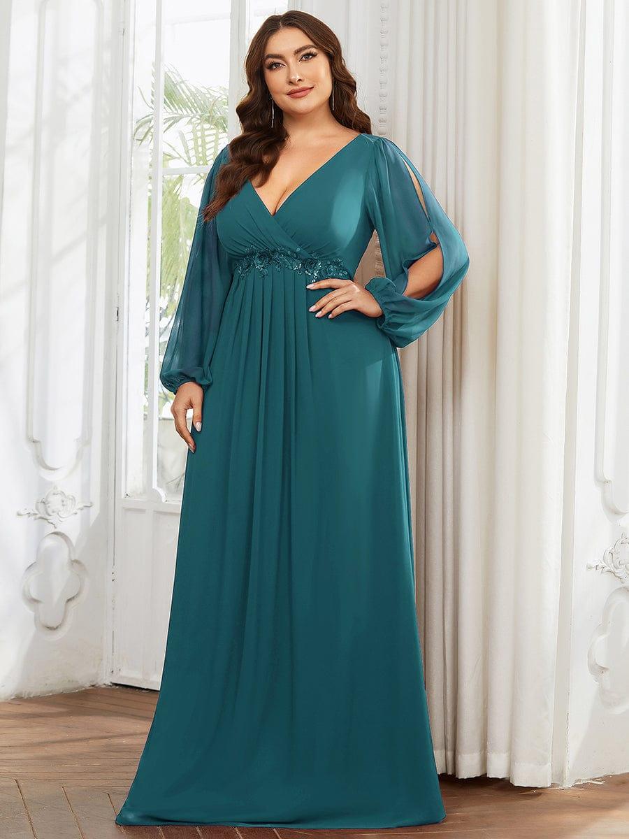 pretty AMOUR|Stylish Plus Size Chiffon Formal Evening Dresses with Long Lantern Sleeves