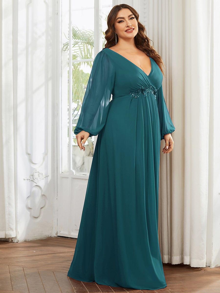 pretty AMOUR|Stylish Plus Size Chiffon Formal Evening Dresses with Long Lantern Sleeves