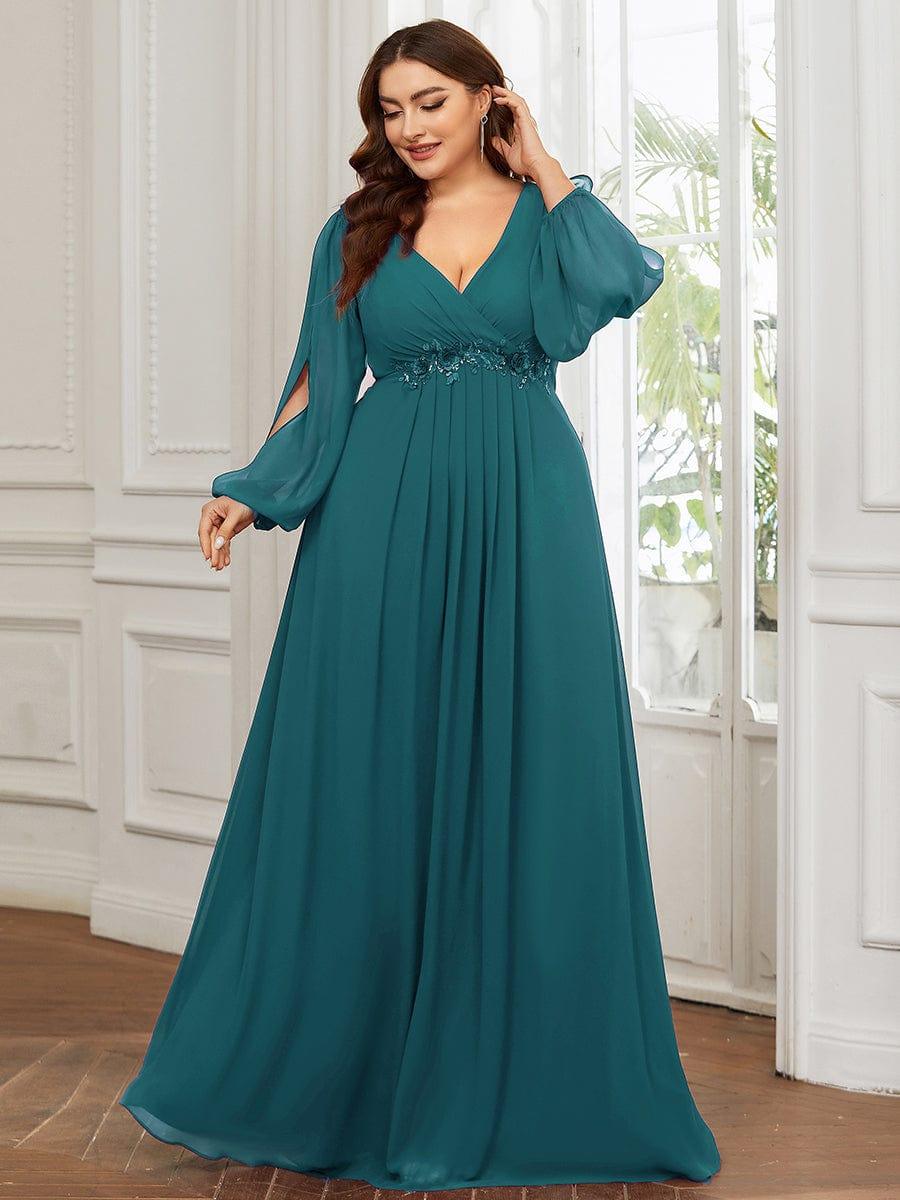 pretty AMOUR|Stylish Plus Size Chiffon Formal Evening Dresses with Long Lantern Sleeves