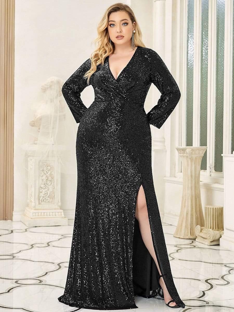 pretty NYX|Plus Size Sexy Deep V-Neck Sequin Bodice Formal Evening Gowns